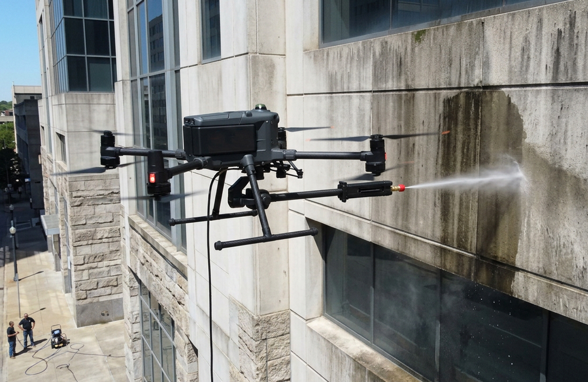 Drone cleaning stained commercial building exterior panels