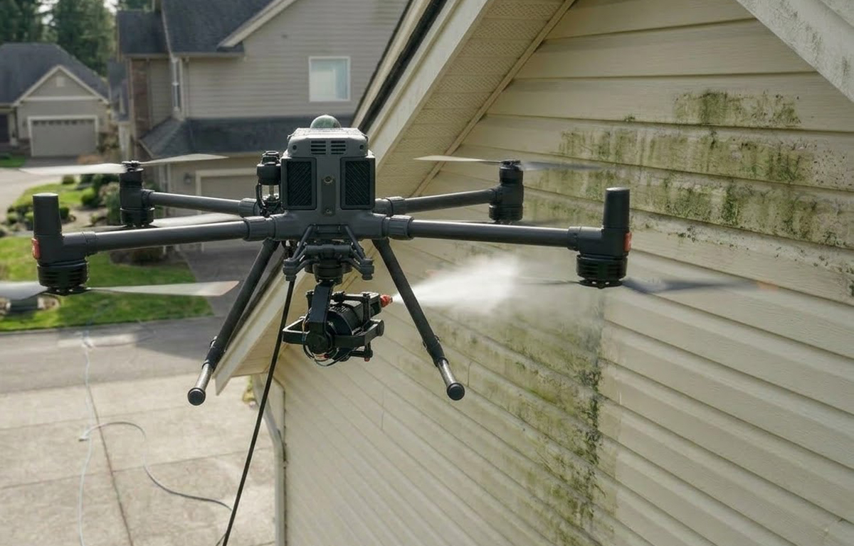 Drone-assisted residential exterior cleaning on stained house siding